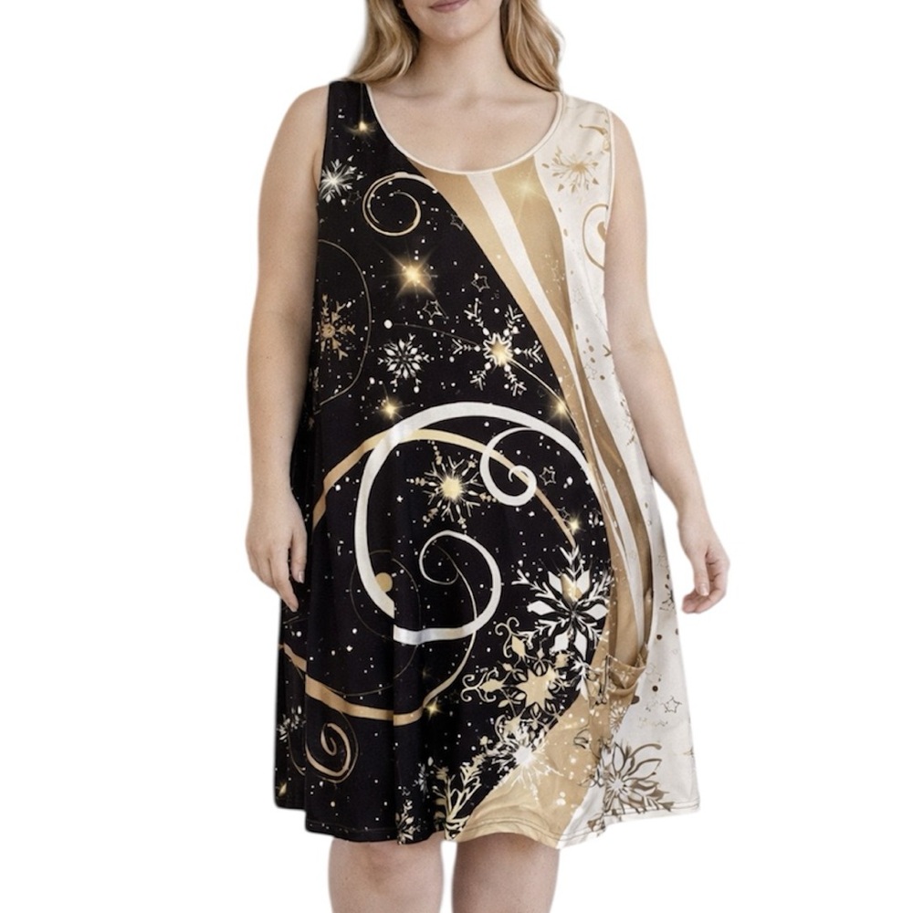 Denater plus size black gold snowflake swirl sleeveless stretch shift dress 5XL
